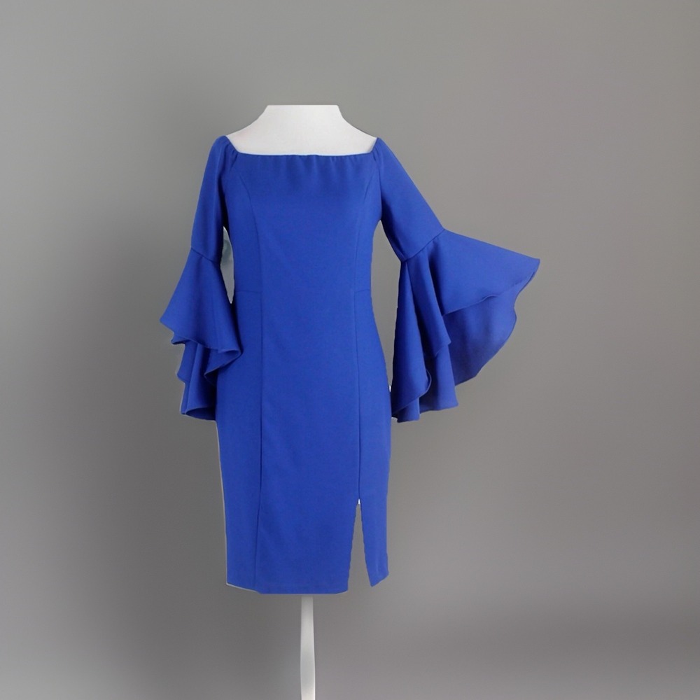 Venus Royal Blue Cocktail Party Dress Off The Shoulder Size 12 Bell Sleeve